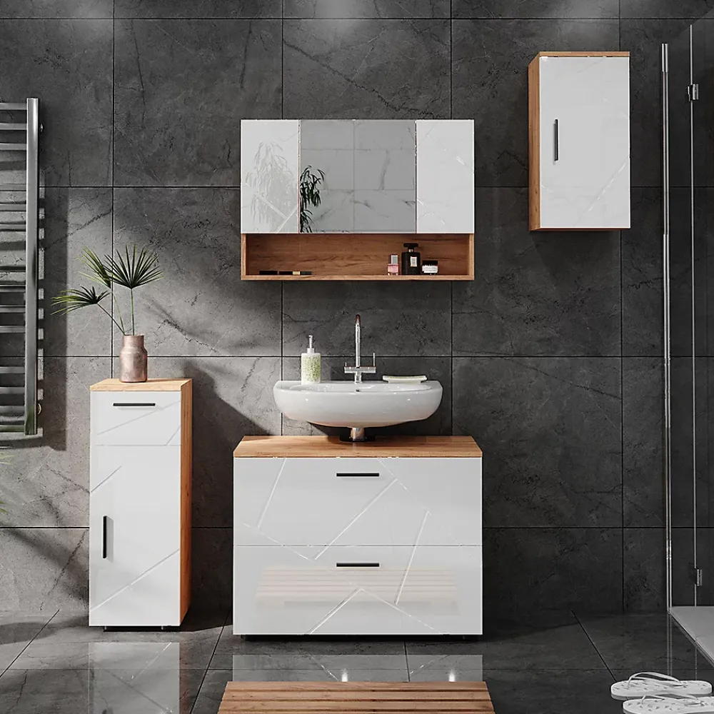 Armoire De Toilette|Vicco Armoire de toilette Blanc brillant/Chêne doré 17x55cm