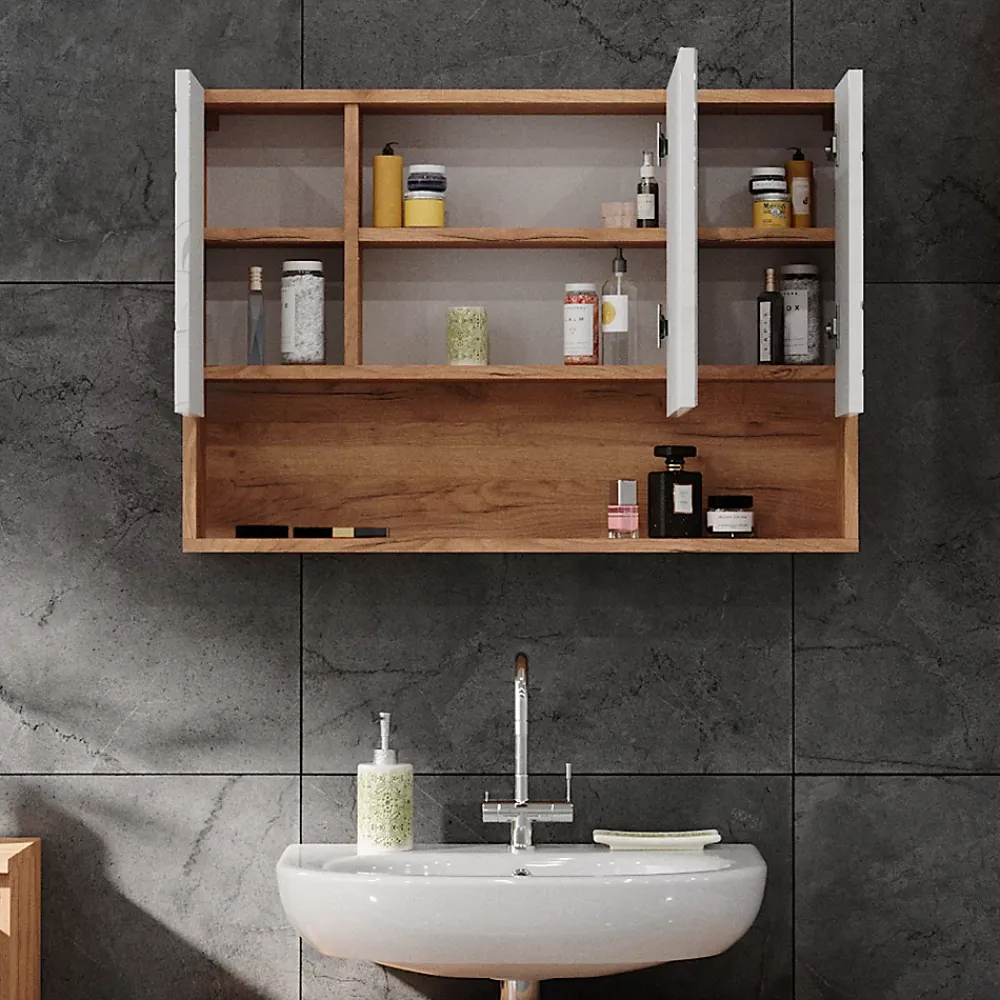 Armoire De Toilette|Vicco Armoire de toilette Blanc brillant/Chêne doré 17x55cm