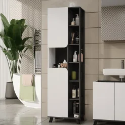 Colonne De Salle De Bains|Vicco Armoire haute Anthracite/blanc 50x175cm avec 2 portes