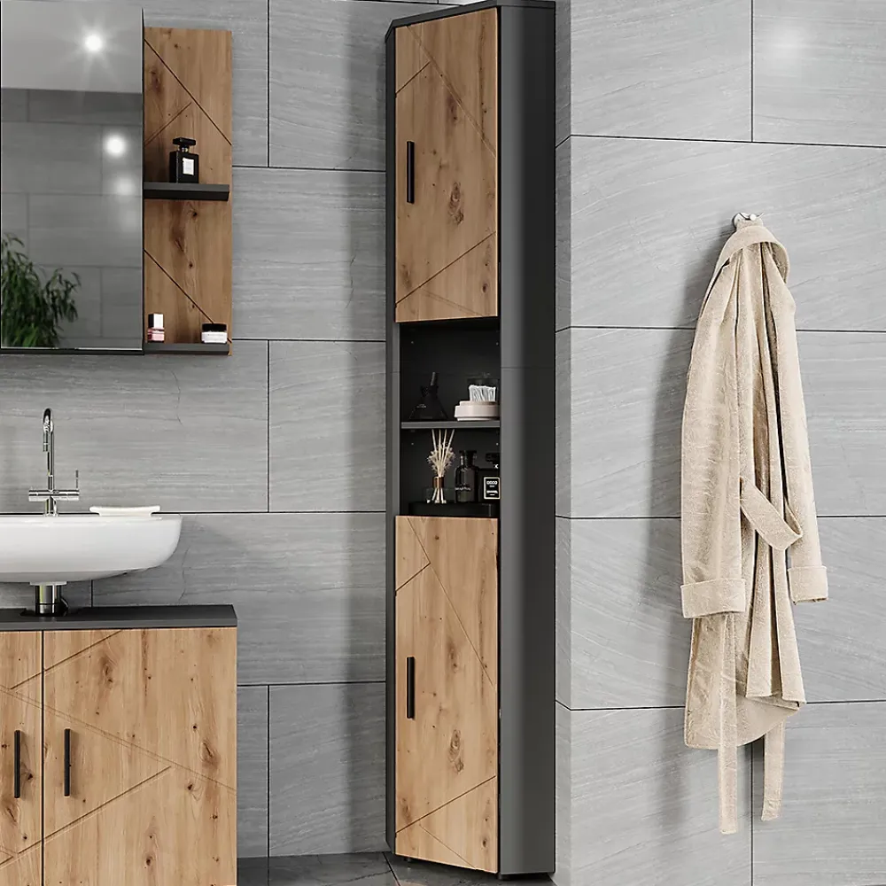 Colonne De Salle De Bains|Vicco Armoire haute Anthracite/Artisan 33x192cm avec 2 portes