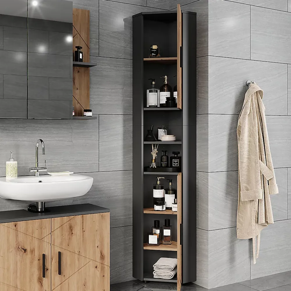 Colonne De Salle De Bains|Vicco Armoire haute Anthracite/Artisan 33x192cm avec 2 portes