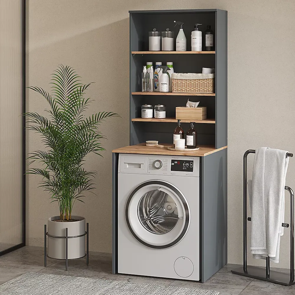 Meuble Wc|Vicco Armoire machine à laver Anthracite/chêne doré 66x88.2cm 2 parties avec étagère