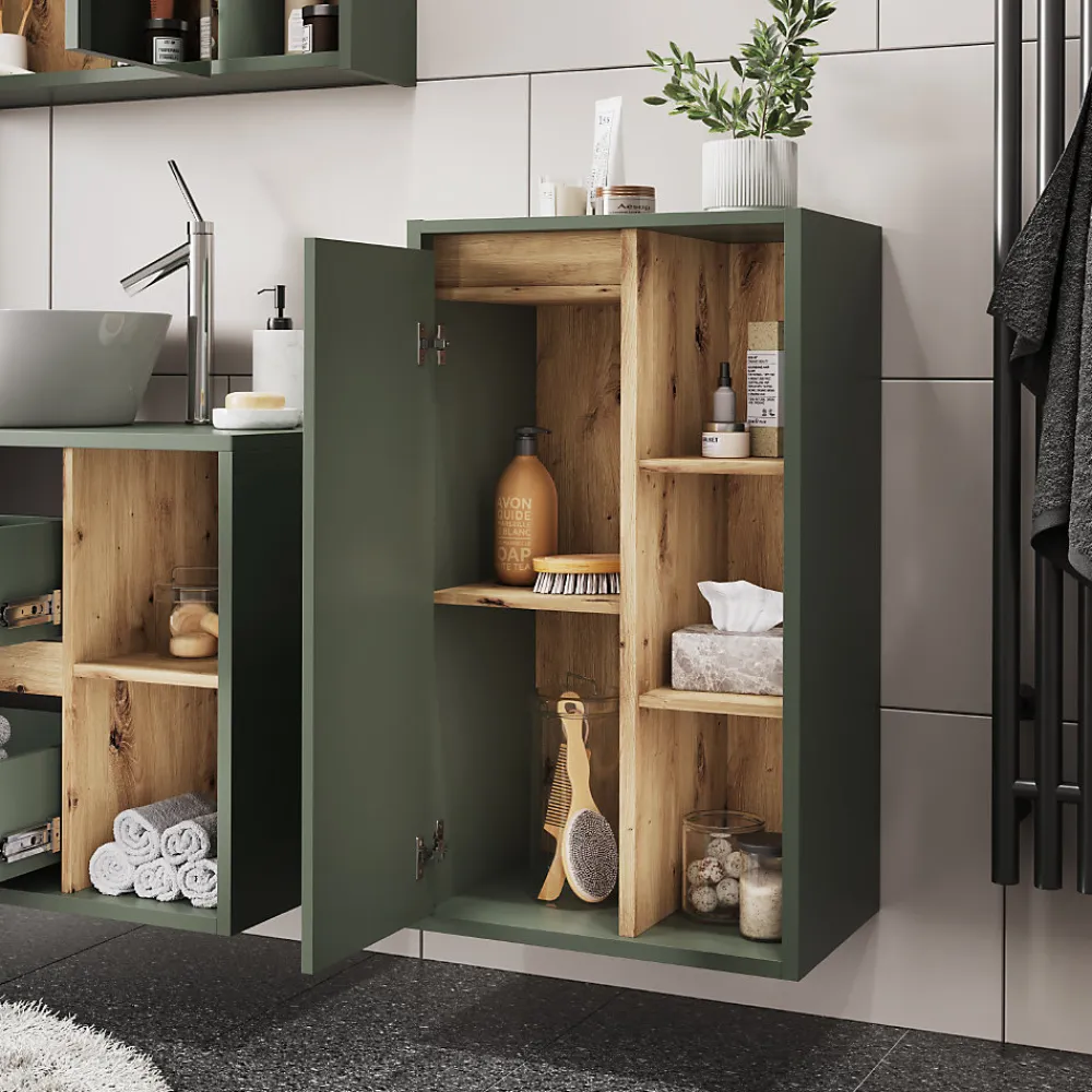 Armoire De Salle De Bains|Vicco Armoire Midischrank Vert/Artisan 50x86cm avec des étagères ouvertes
