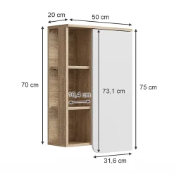 Vicco Armoire murale Sonoma/blanc 50x75cm avec porte et compartiments ouverts