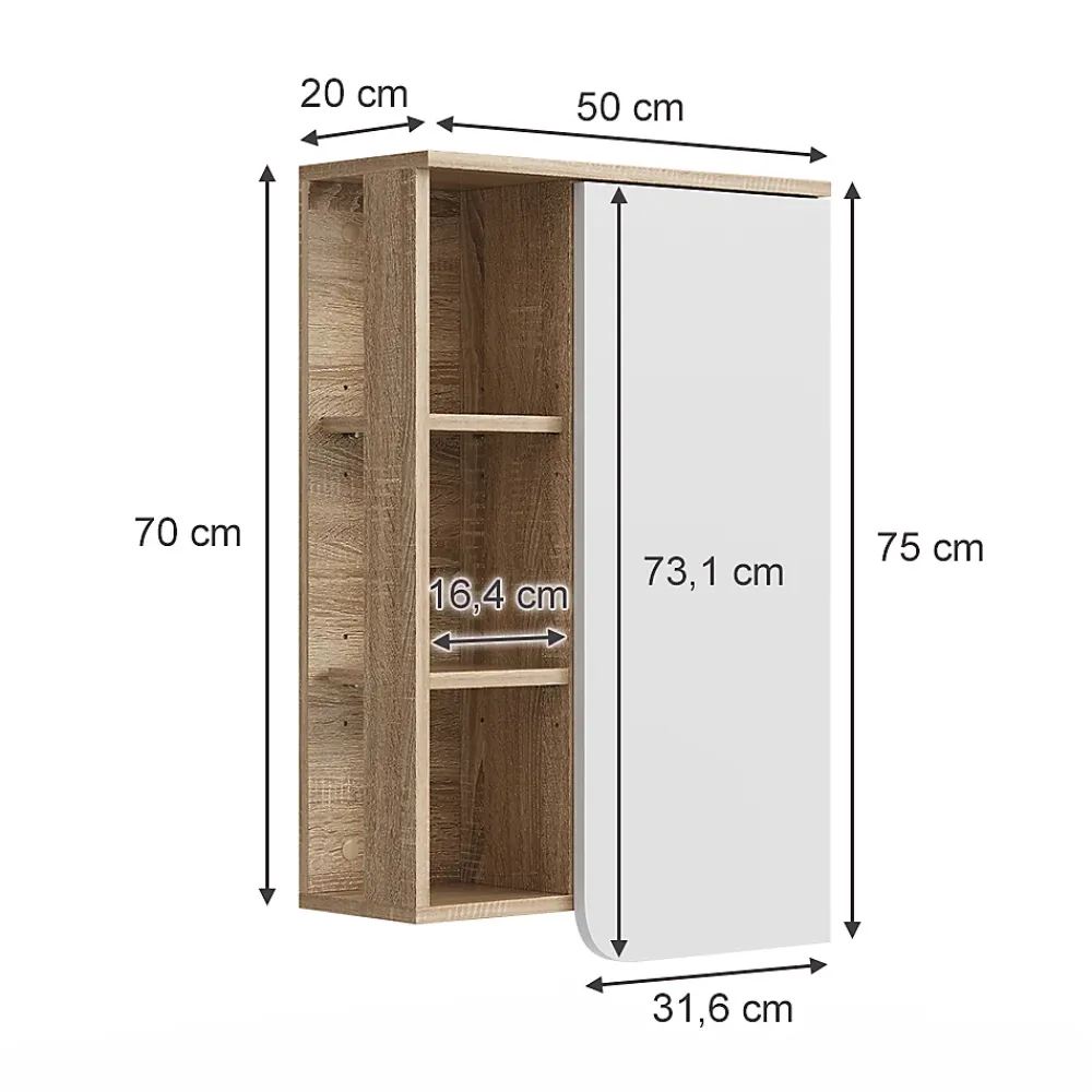 Vicco Armoire murale Sonoma/blanc 50x75cm avec porte et compartiments ouverts