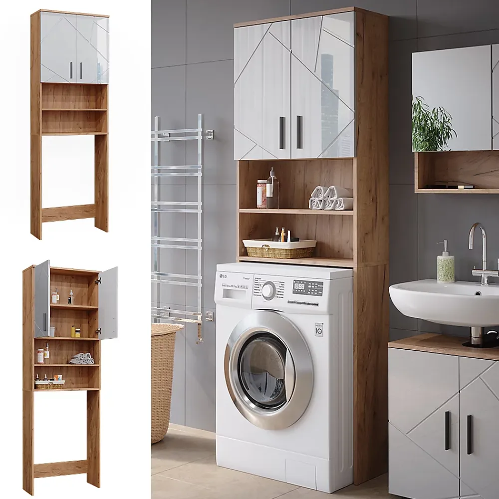 Meuble Wc|Vicco Armoire pour machine à laver Blanc brillant/Chêne doré 64x190.5cm