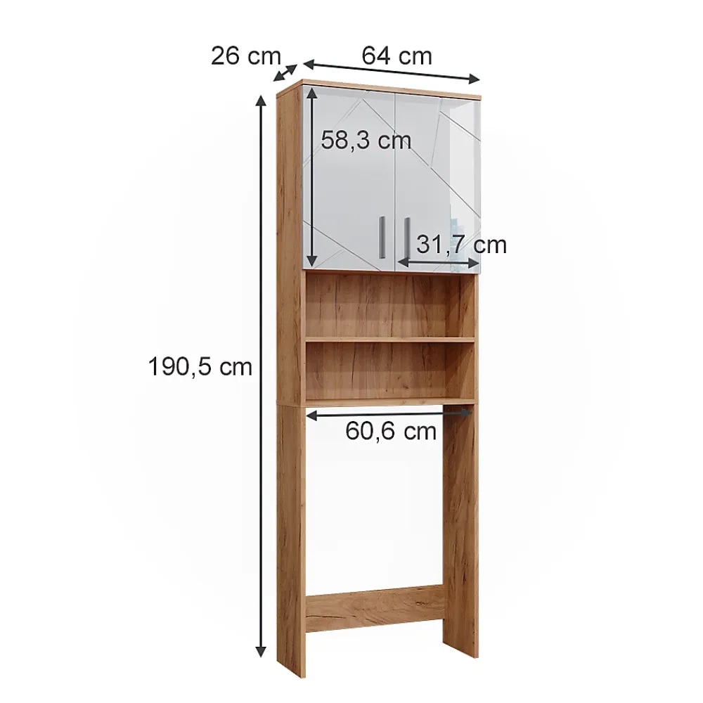 Meuble Wc|Vicco Armoire pour machine à laver Blanc brillant/Chêne doré 64x190.5cm