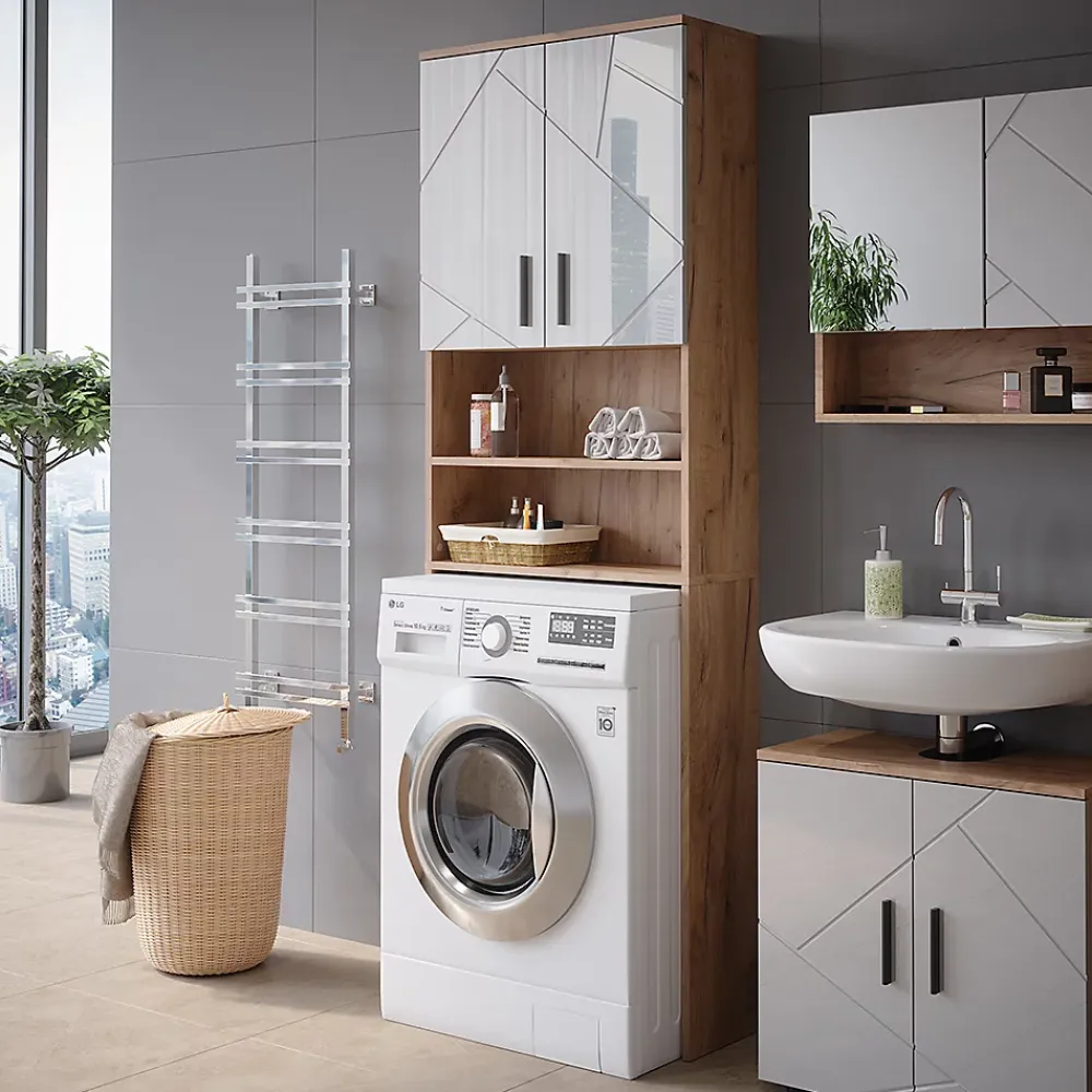 Meuble Wc|Vicco Armoire pour machine à laver Blanc brillant/Chêne doré 64x190.5cm