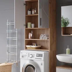 Meuble Wc|Vicco Armoire pour machine à laver Blanc brillant/Chêne doré 64x190.5cm