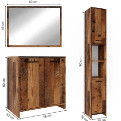 Vicco Ensemble de meubles de salle de bain Chêne rustique 3 pièces, avec armoire haute