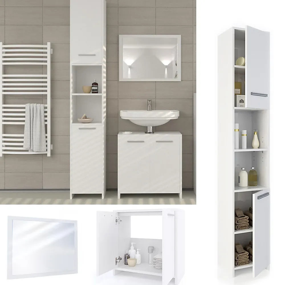 Ensemble Meuble De Salle De Bains|Vicco Ensemble de meubles de salle de bain Blanc 3 pièces, avec armoire haute