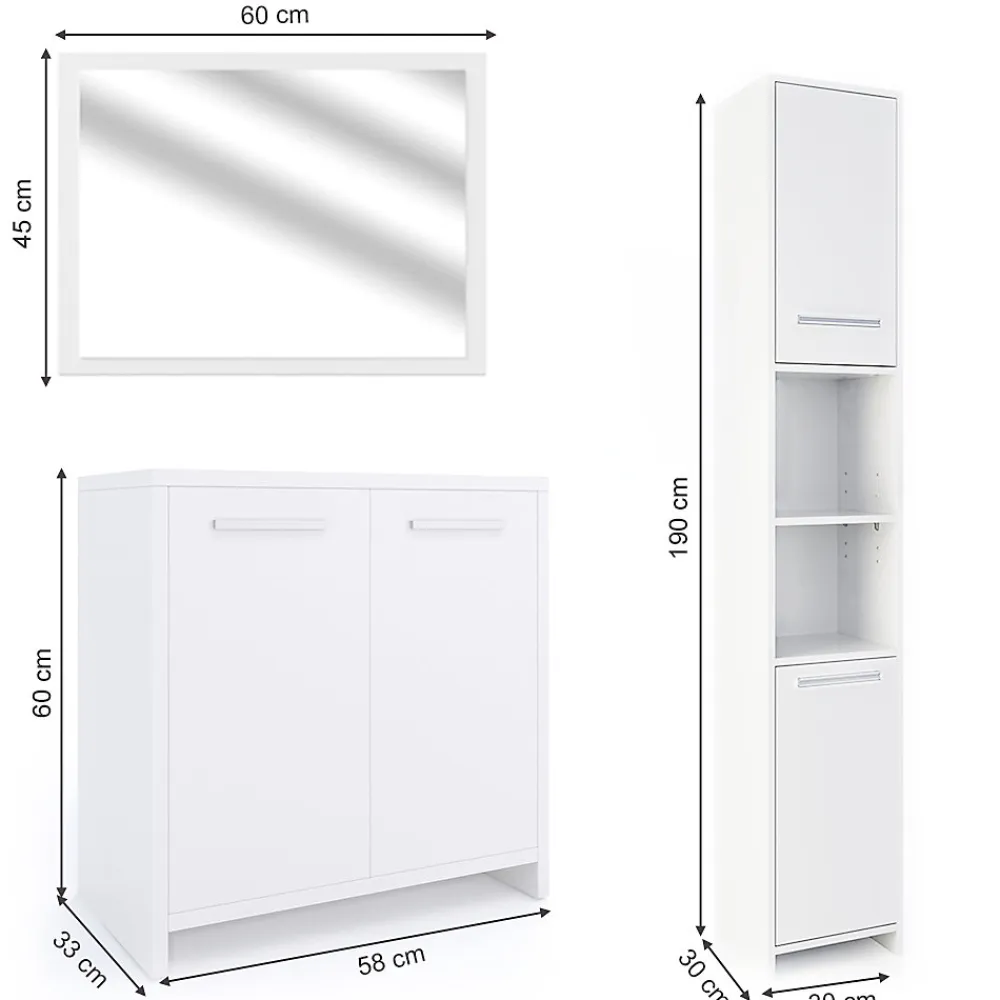 Ensemble Meuble De Salle De Bains|Vicco Ensemble de meubles de salle de bain Blanc 3 pièces, avec armoire haute