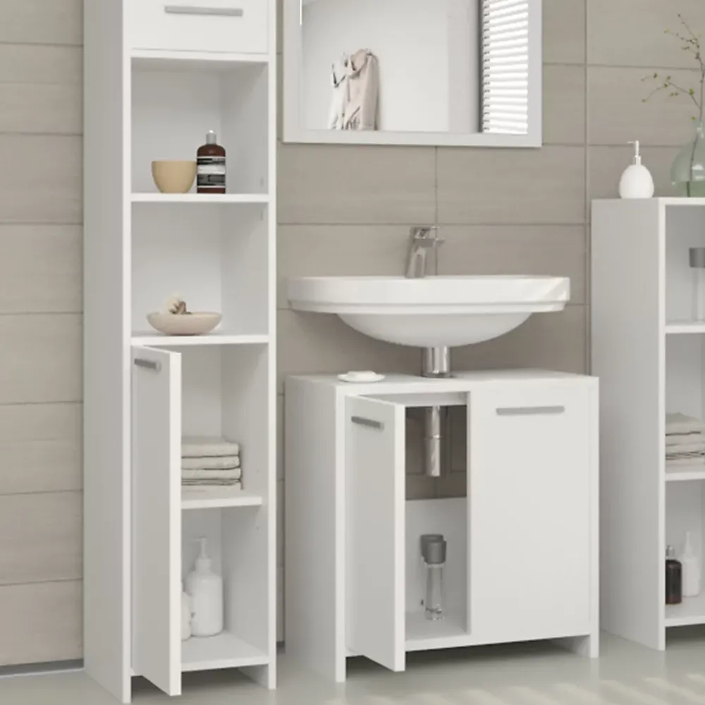 Ensemble Meuble De Salle De Bains|Vicco Ensemble de meubles de salle de bain Blanc 3 pièces, avec armoire haute