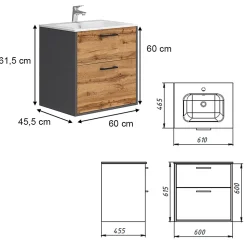 Lave-Mains|Vicco Ensemble de meubles de salle de bains Anthracite/chêne doré 61x61.5cm avec lavabo