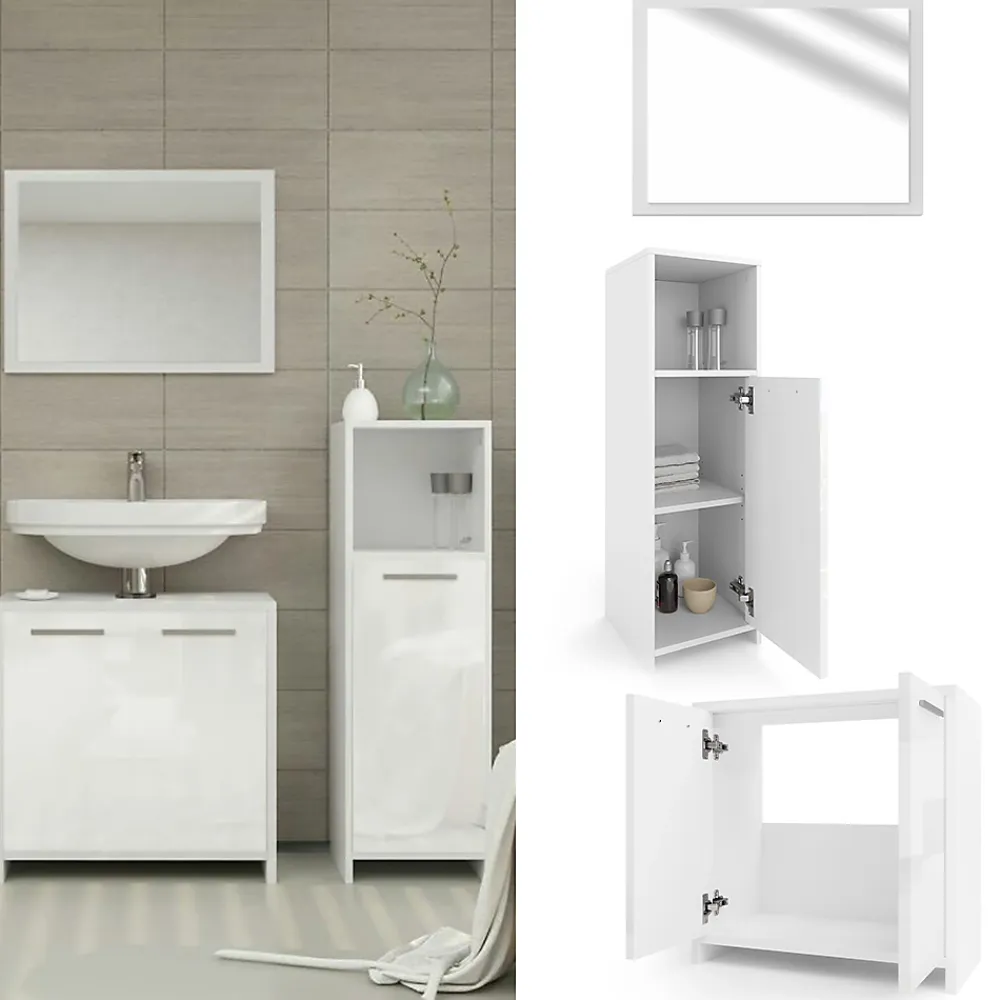 Vicco Ensemble de meubles de salle de bain Blanc Haute brillance 3 parties