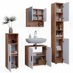 Ensemble Meuble De Salle De Bains|Vicco Ensemble de meubles de salle de bain Blanc brillant/Chêne doré 4 pièces, avec armoire haute
