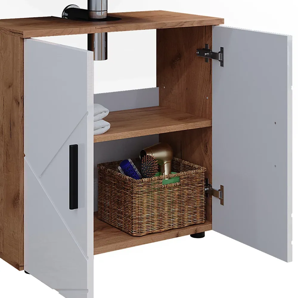 Ensemble Meuble De Salle De Bains|Vicco Ensemble de meubles de salle de bain Blanc brillant/Chêne doré 4 pièces, avec armoire haute