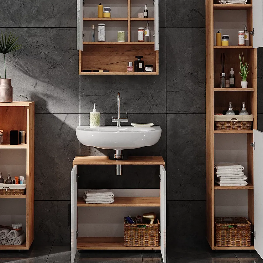Ensemble Meuble De Salle De Bains|Vicco Ensemble de meubles de salle de bain Blanc brillant/Chêne doré 4 pièces, avec armoire haute