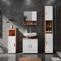Ensemble Meuble De Salle De Bains|Vicco Ensemble de meubles de salle de bain Blanc brillant/Chêne doré 4 pièces, avec armoire haute