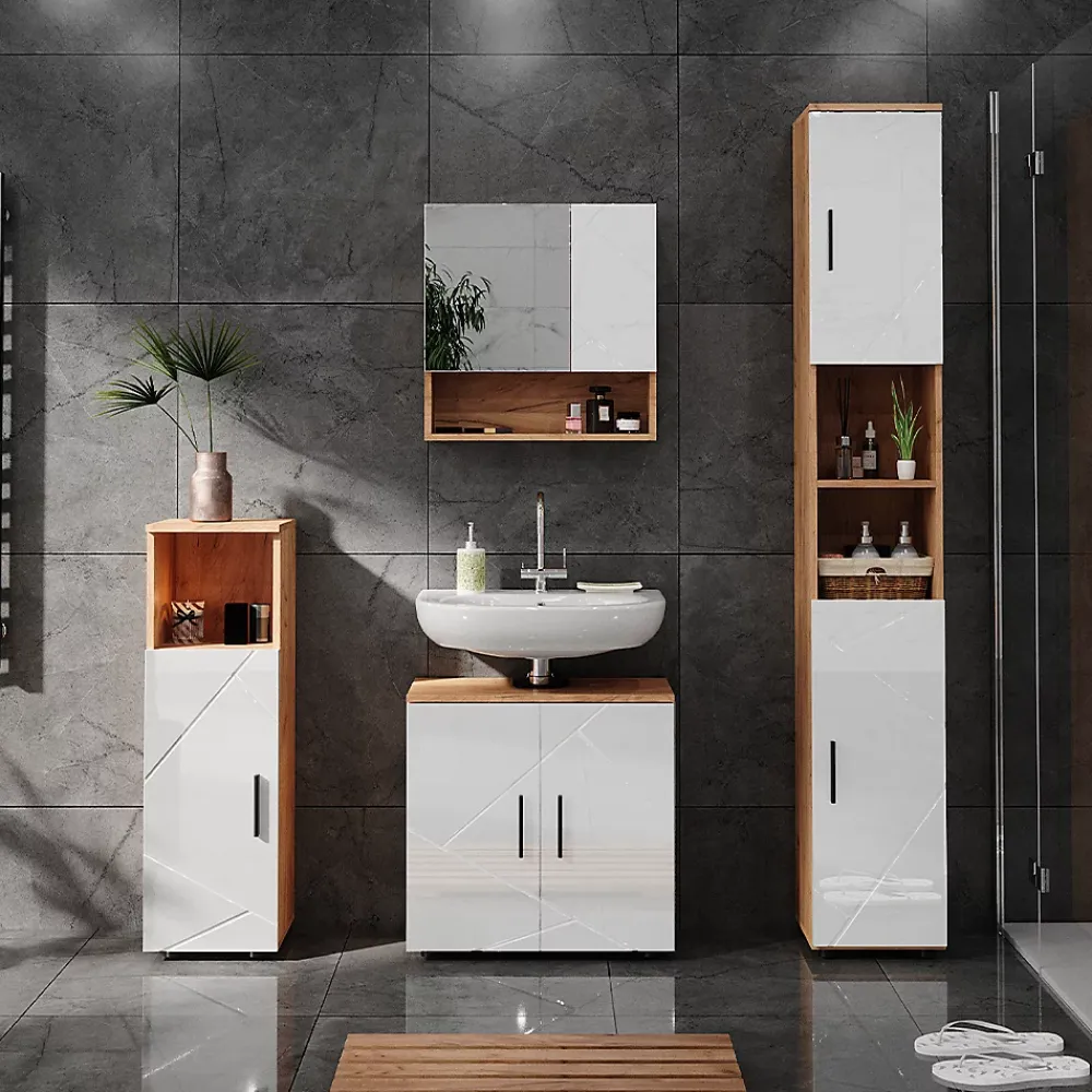 Ensemble Meuble De Salle De Bains|Vicco Ensemble de meubles de salle de bain Blanc brillant/Chêne doré 4 pièces, avec armoire haute