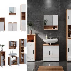 Ensemble Meuble De Salle De Bains|Vicco Ensemble de meubles de salle de bain Blanc brillant/Chêne doré 4 pièces, avec armoire haute