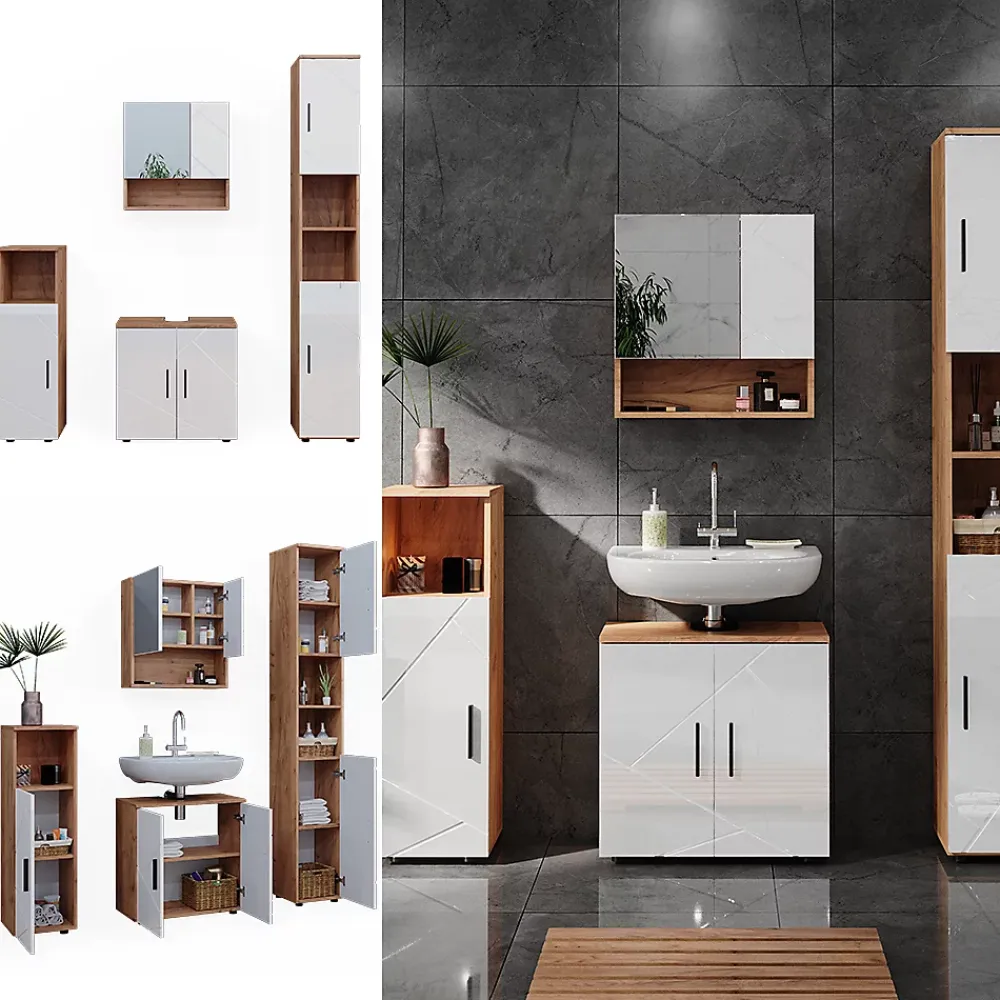 Ensemble Meuble De Salle De Bains|Vicco Ensemble de meubles de salle de bain Blanc brillant/Chêne doré 4 pièces, avec armoire haute