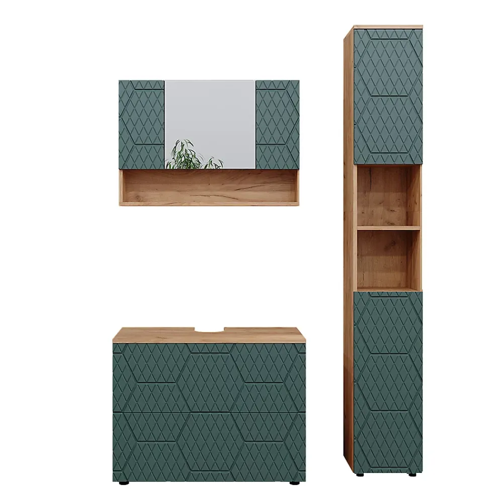 Ensemble Meuble De Salle De Bains|Vicco Ensemble meubles bain Vert/force de lor Chêne 3 pièces, avec armoire de toilette 80 cm