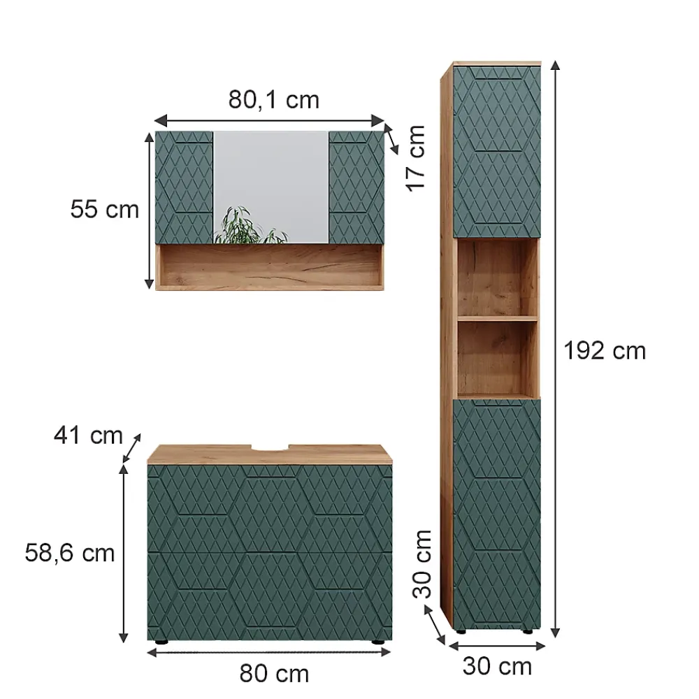Ensemble Meuble De Salle De Bains|Vicco Ensemble meubles bain Vert/force de lor Chêne 3 pièces, avec armoire de toilette 80 cm