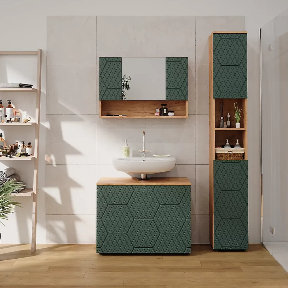Ensemble Meuble De Salle De Bains|Vicco Ensemble meubles bain Vert/force de lor Chêne 3 pièces, avec armoire de toilette 80 cm