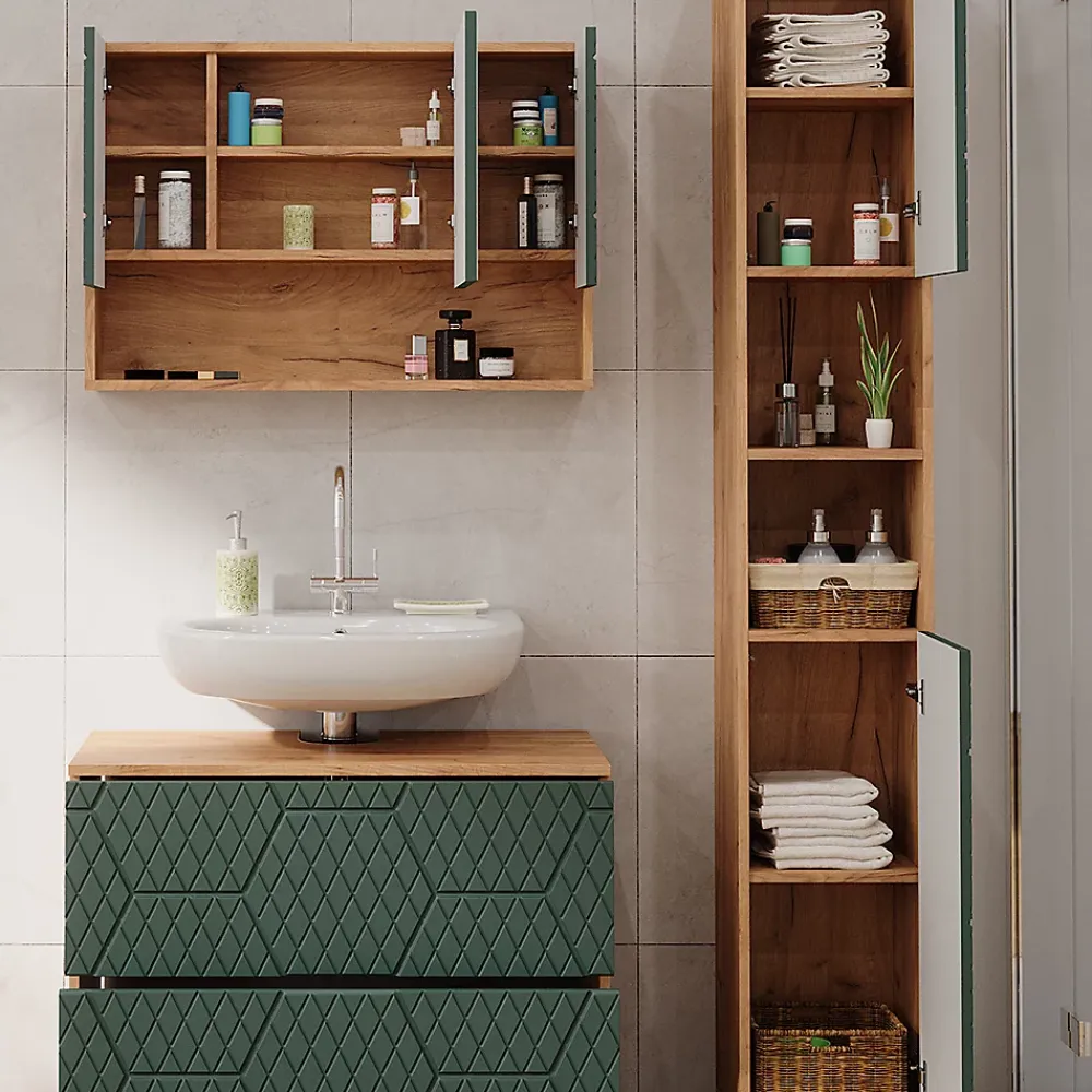 Ensemble Meuble De Salle De Bains|Vicco Ensemble meubles bain Vert/force de lor Chêne 3 pièces, avec armoire de toilette 80 cm