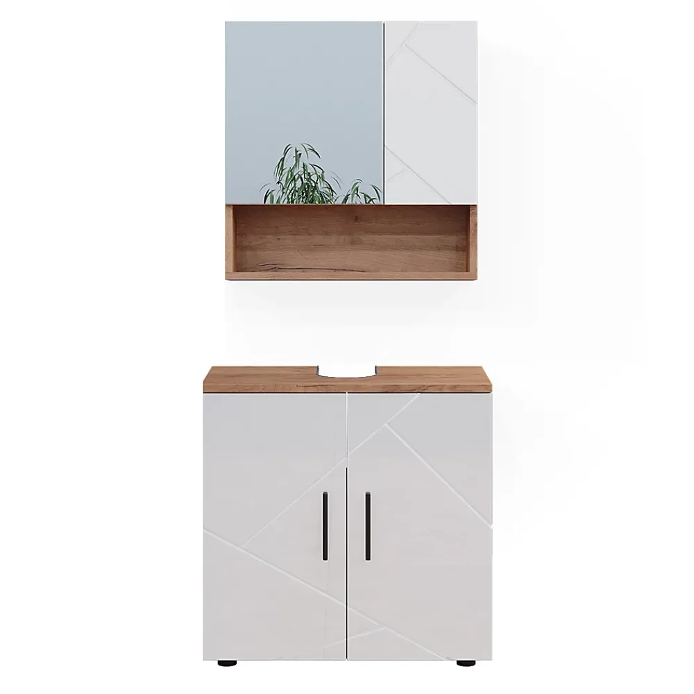 Ensemble Meuble De Salle De Bains|Vicco Ensemble meubles bain Blanc brillant/Chêne doré 2 pièces, armoire basse 60 cm