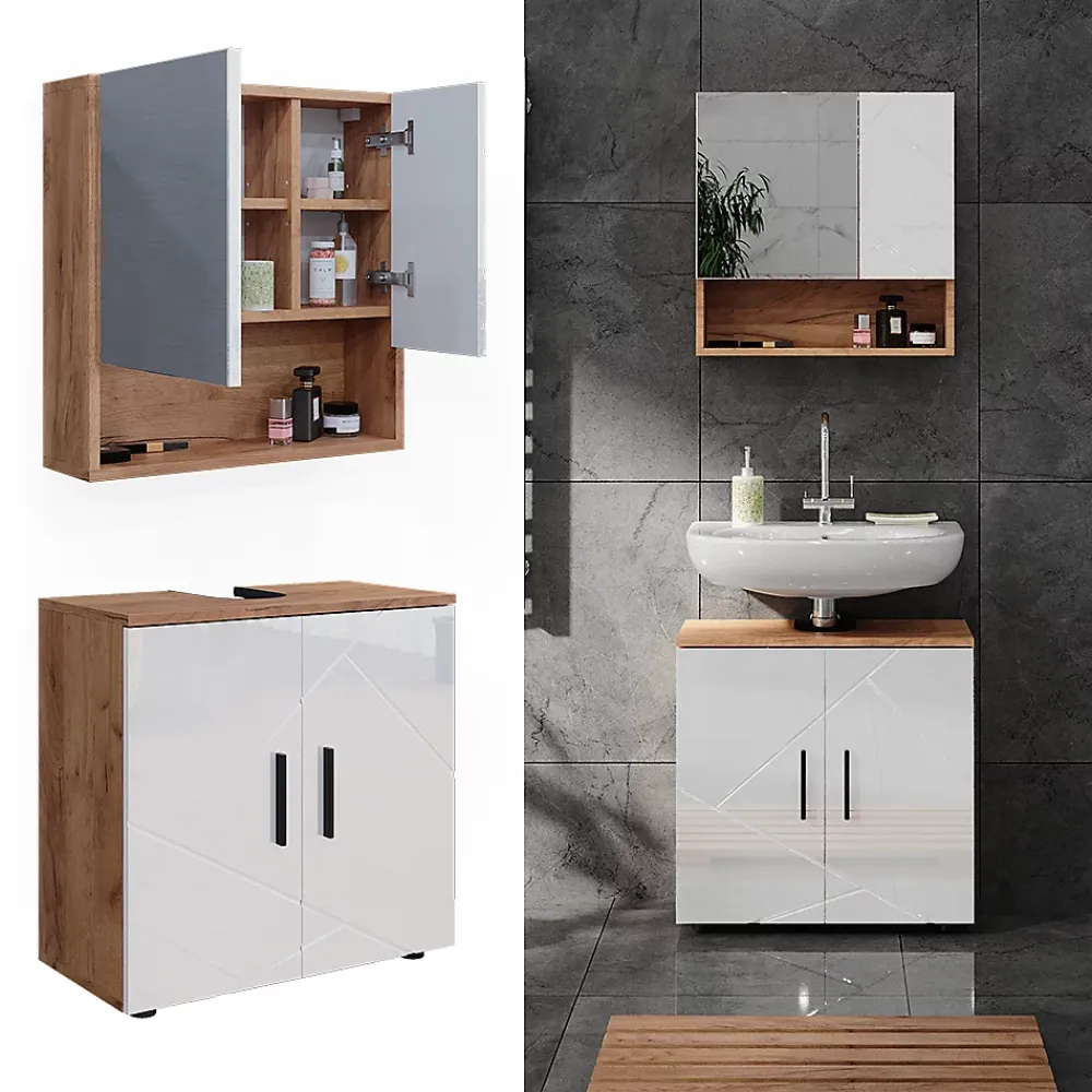 Ensemble Meuble De Salle De Bains|Vicco Ensemble meubles bain Blanc brillant/Chêne doré 2 pièces, armoire basse 60 cm