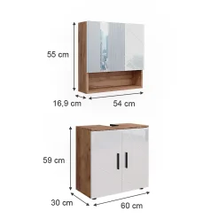 Ensemble Meuble De Salle De Bains|Vicco Ensemble meubles bain Blanc brillant/Chêne doré 2 pièces, armoire basse 60 cm
