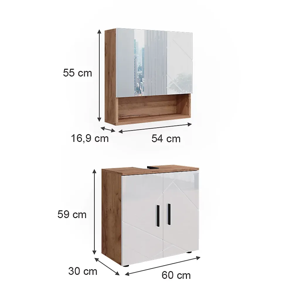 Ensemble Meuble De Salle De Bains|Vicco Ensemble meubles bain Blanc brillant/Chêne doré 2 pièces, armoire basse 60 cm