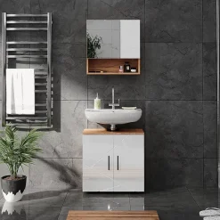 Ensemble Meuble De Salle De Bains|Vicco Ensemble meubles bain Blanc brillant/Chêne doré 2 pièces, armoire basse 60 cm