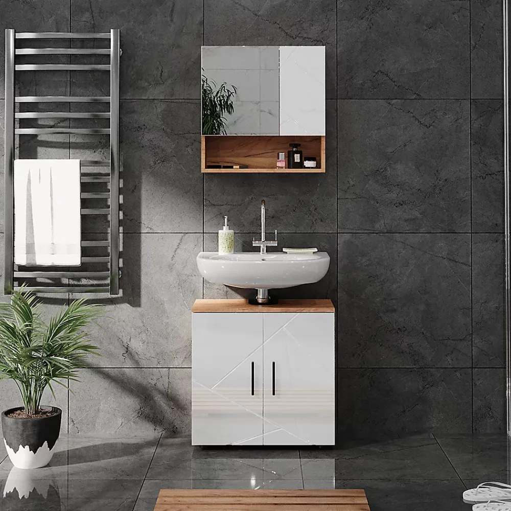 Ensemble Meuble De Salle De Bains|Vicco Ensemble meubles bain Blanc brillant/Chêne doré 2 pièces, armoire basse 60 cm