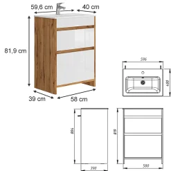 Lave-Mains|Vicco Ensemble meubles bain Chêne de force doré 2 pièces, meuble bas 60 cm