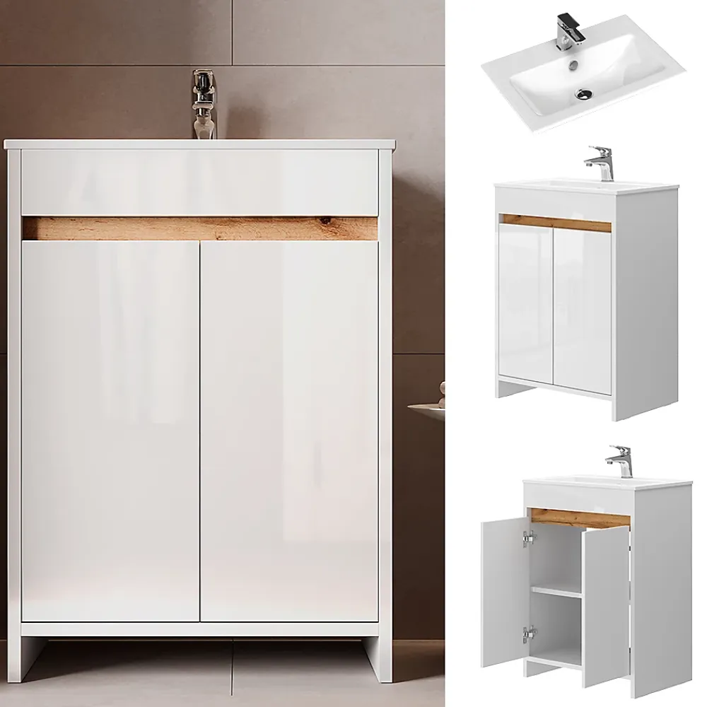 Vicco Ensemble meubles bain Blanc 2 pièces, armoire basse 60 cm