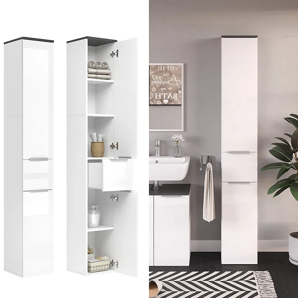 Colonne De Salle De Bains|Vicco Meuble de rangement de salle de bain Blanc Haute brillance 30x190cm