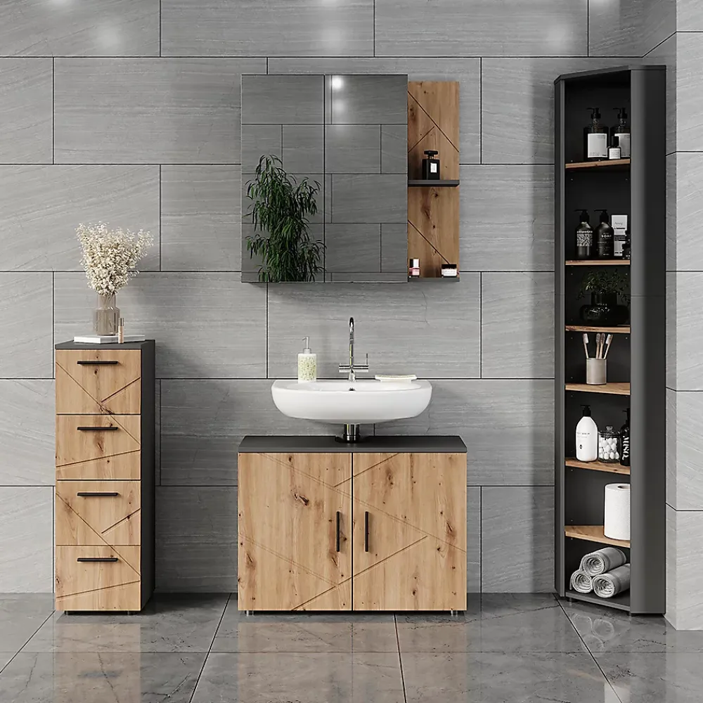 Colonne De Salle De Bains|Vicco Meuble haut dangle Anthracite/Artisan 33x192cm 7 compartiments