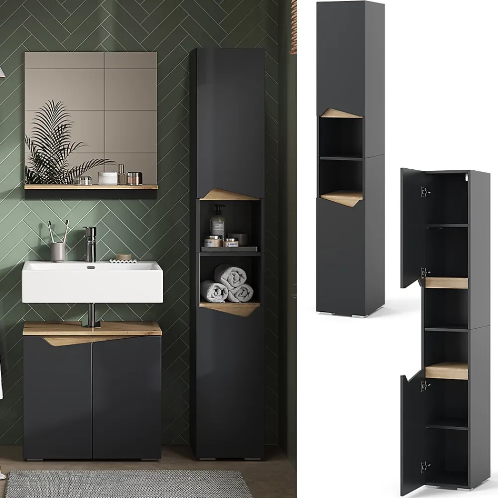 Vicco Meuble salle de bain Anthracite 30x180cm avec portes, et compartiments ouverts