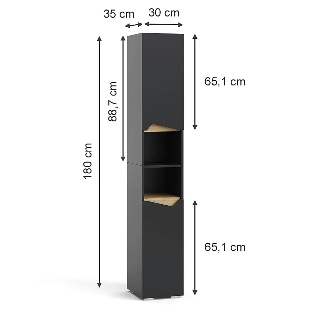 Vicco Meuble salle de bain Anthracite 30x180cm avec portes, et compartiments ouverts