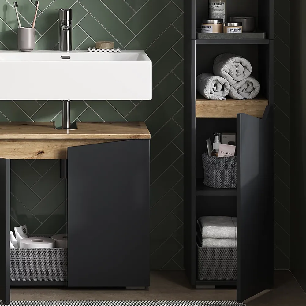 Vicco Meuble salle de bain Anthracite 30x180cm avec portes, et compartiments ouverts