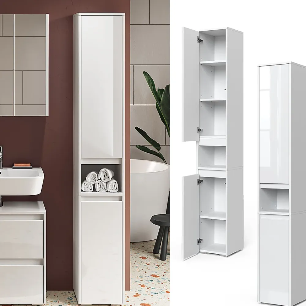 Colonne De Salle De Bains|Vicco Meuble salle de bain Blanc 30.2x191.5cm avec portes et compartiment ouvert