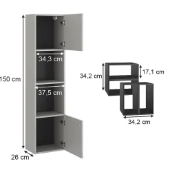 Vicco Meuble salle de bain Gris 37.5x150cm avec porte et compartiments ouverts