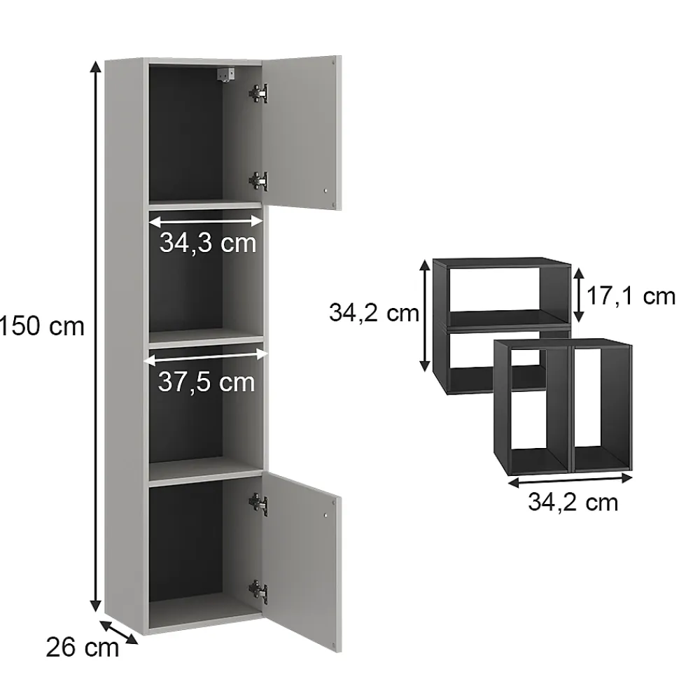 Vicco Meuble salle de bain Gris 37.5x150cm avec porte et compartiments ouverts