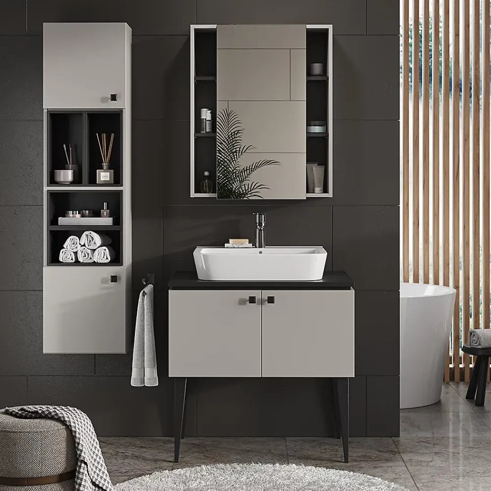 Vicco Meuble salle de bain Gris 37.5x150cm avec porte et compartiments ouverts