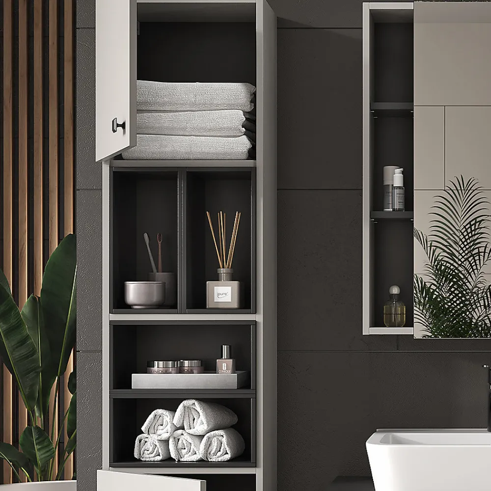 Vicco Meuble salle de bain Gris 37.5x150cm avec porte et compartiments ouverts