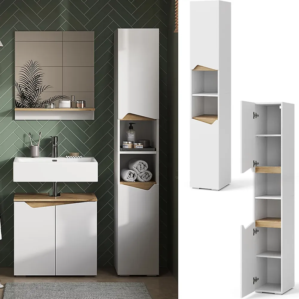 Vicco Meuble salle de bain Blanc 30x180cm avec portes, et compartiments ouverts