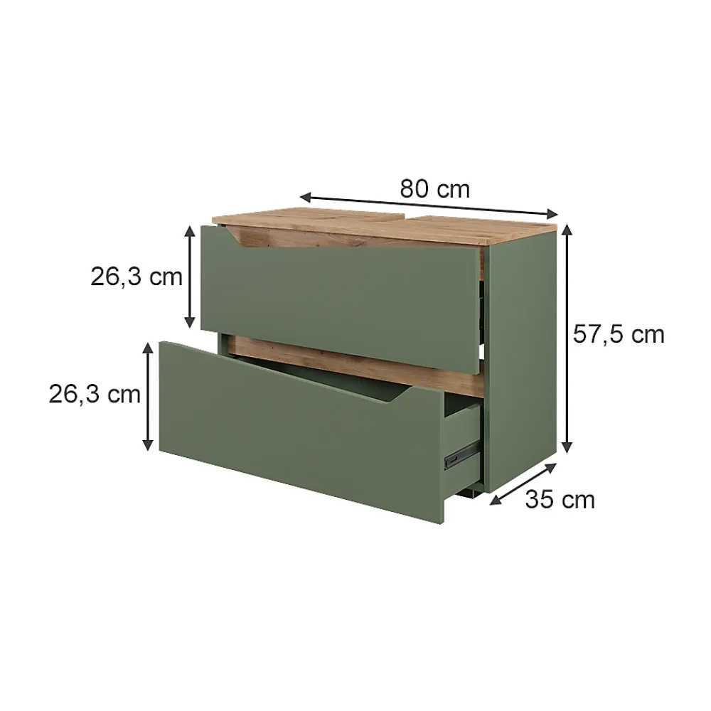 Vicco Meuble sous vasque simple Vert/Artisan 80x57.5cm avec 2 tiroirs